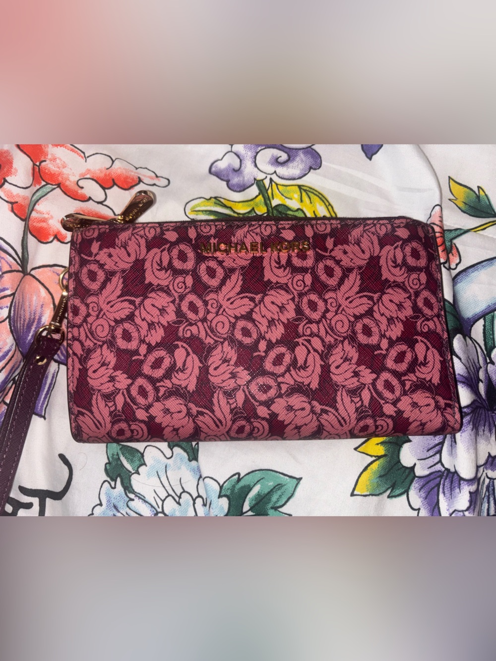 Michael Kors Burgundy and Pink Floral Wristlet Wallet